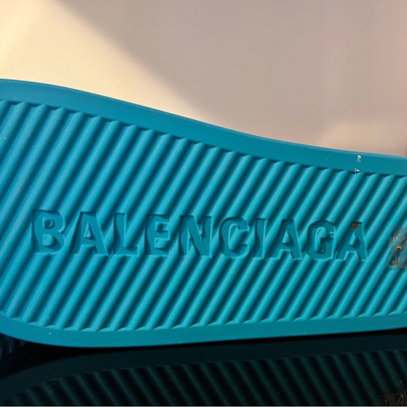 Balenciaga Teal Embossed Logo Slide Sandals - Picture 4 of 7